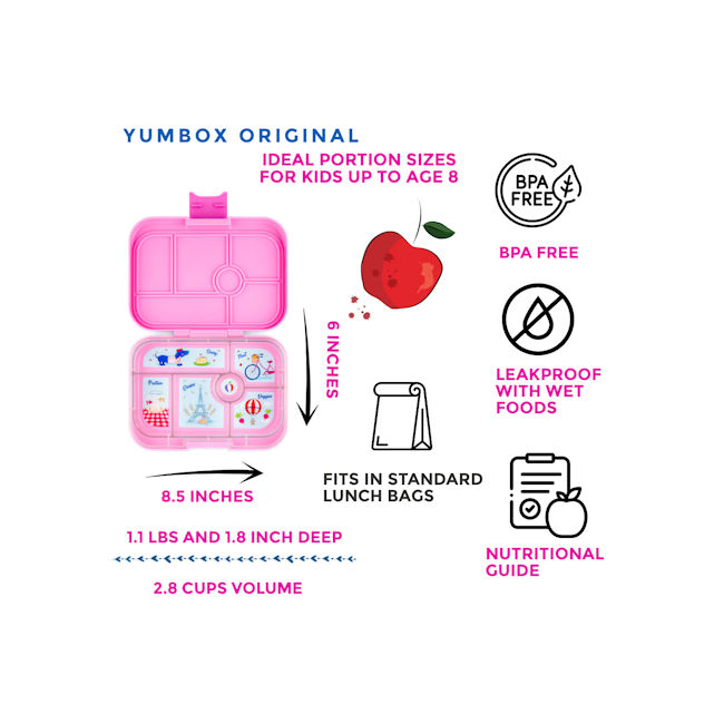 Yumbox Original - Leakproof Bento Lunch box for Kids (2-7 Years) with 5  Compartments, Easy-Open Latch, Optimal Portion Sizes & Removeable Paris  Themed