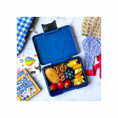 Yumbox Snack is designed to make your snacks easy to pack, use and makes food look appetizing. It’s molded silicone lined lid engages with the tray so food stays in place, wet foods too!